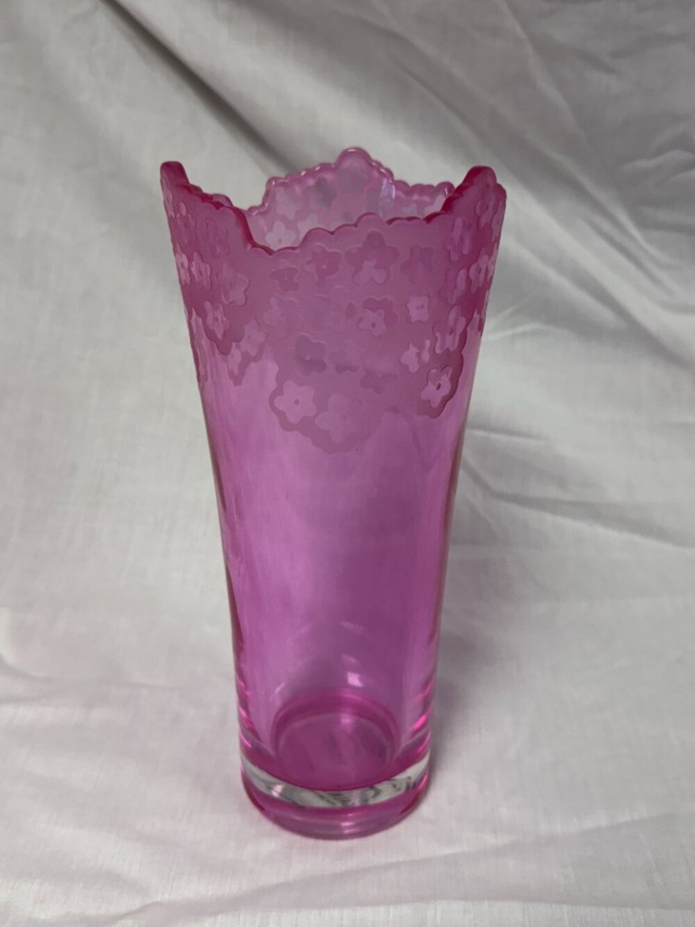 Pink Galway Irish Crystal Vase Scalloped Edge Etched Flowers